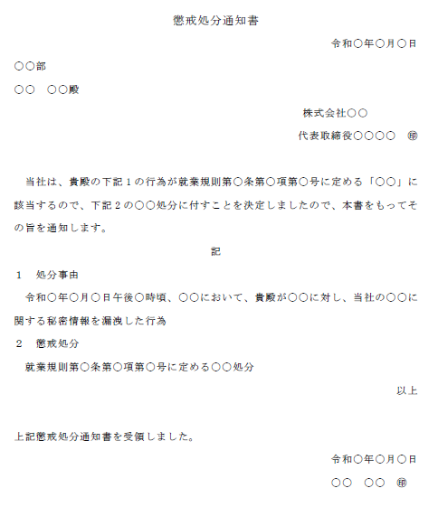 懲戒処分通知書
令和〇年〇月〇日
〇〇部
〇〇　〇〇殿
株式会社○○
代表取締役〇〇〇〇　㊞

当社は、貴殿の下記1の行為が就業規則第〇条第〇項第〇号に定める「〇〇」に該当するので、下記2の〇〇処分に付すことを決定しましたので、本書をもってその旨を通知します。
記
１　処分事由
令和〇年〇月〇日午後〇時頃、〇〇において、貴殿が〇〇に対し、当社の〇〇に関する秘密情報を漏洩した行為
２　懲戒処分
就業規則第〇条第〇項第〇号に定める〇〇処分
以上

上記懲戒処分通知書を受領しました。
令和〇年〇月〇日
〇〇　〇〇　㊞
